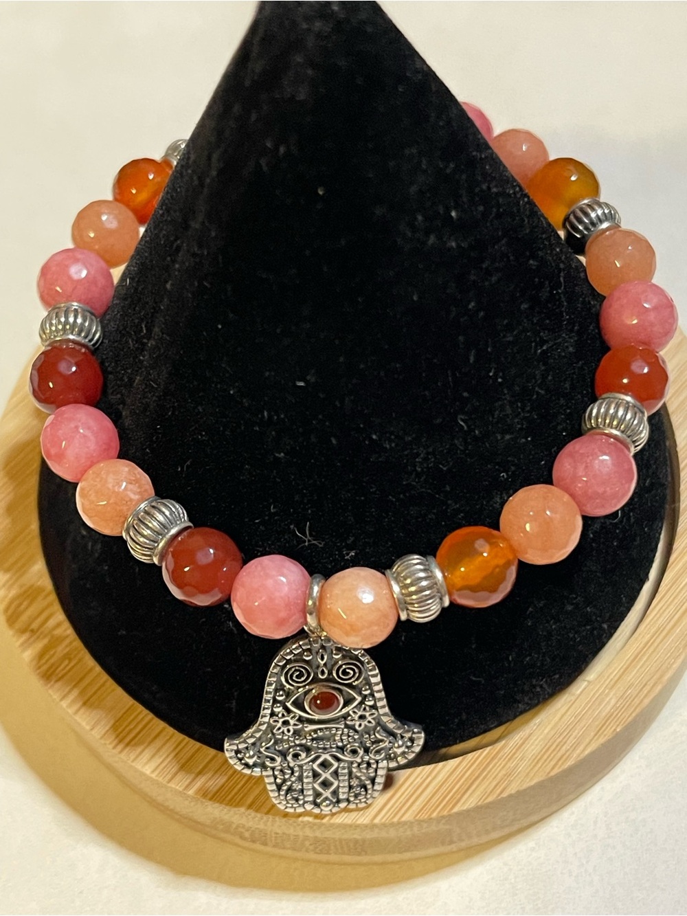 Morocco .925 S.S. Hamsa Amulet Hand Bracelet W/ Natural Carnelian Gemstones Sz 7